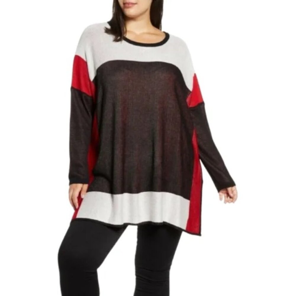 Fever Color-Block Pullover Sweater Red White Black Thin Knit Relaxed Fit